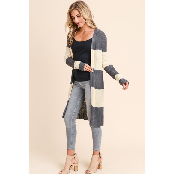 Striped Open Front Long Sleeve Cardigan
